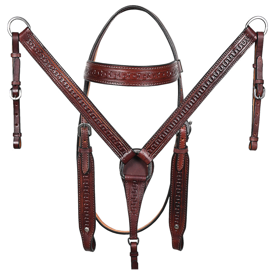 Hilason Western Horse Hand Tooled Headstall Breast Collar Genuine Leather Brown Stainless Steel Hardware - Uhorse