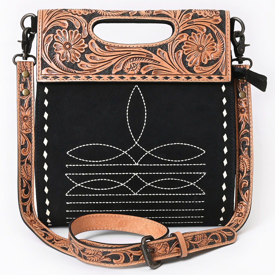 American Darling Clutch Bag, Hand-Tooled Floral Leather & Genuine Suede Western Crossbody Boot Stitching YKK Zipper