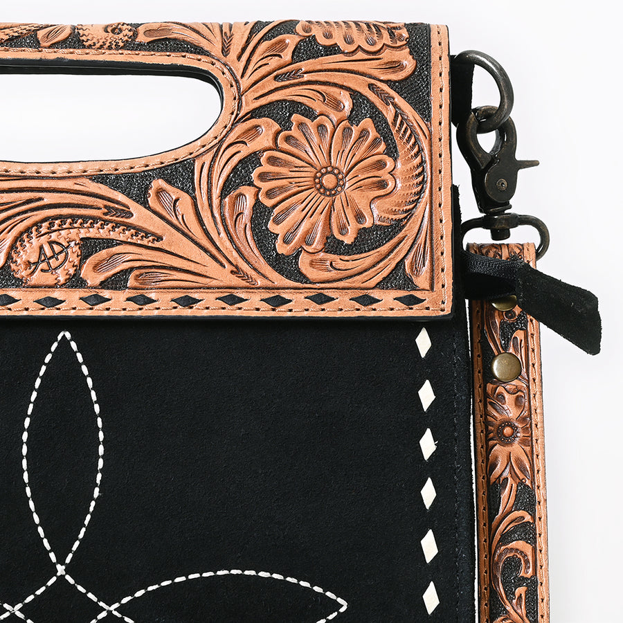 American Darling Clutch Bag, Hand-Tooled Floral Leather & Genuine Suede Western Crossbody Boot Stitching YKK Zipper