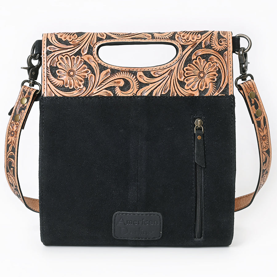 American Darling Clutch Bag, Hand-Tooled Floral Leather & Genuine Suede Western Crossbody Boot Stitching YKK Zipper