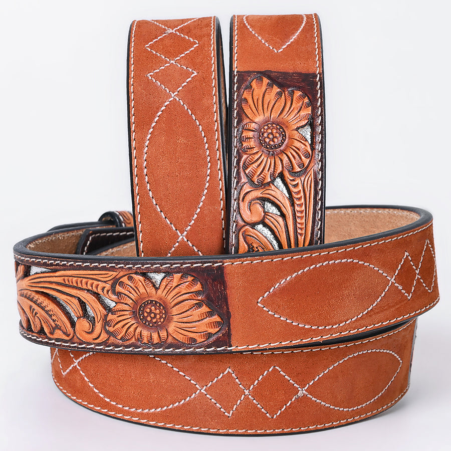 American Darling Floral Hand Carved Painted Belt Buckle Genuine Leather Covered Stylish Brown | Western