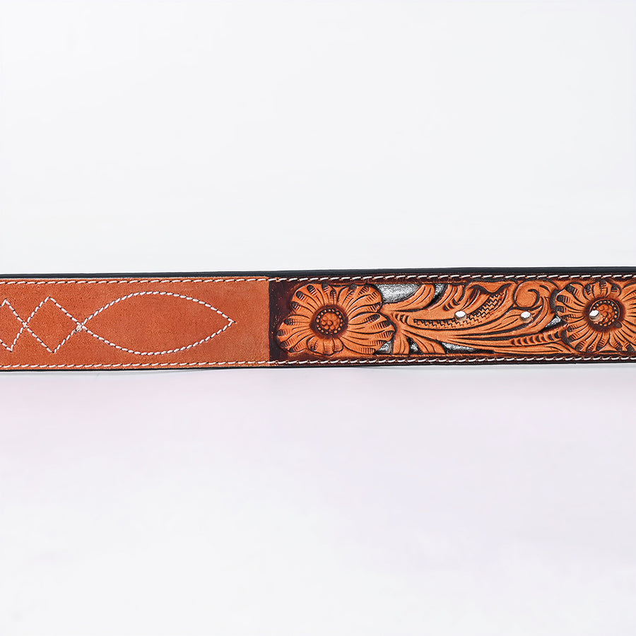 American Darling Floral Hand Carved Painted Belt Buckle Genuine Leather Covered Stylish Brown | Western