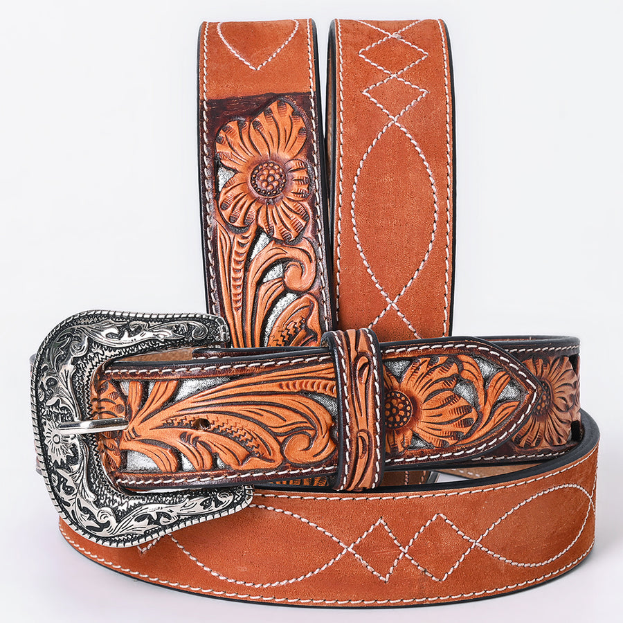 Medium American Darling Floral Hand Carved Men and Women Genuine American Leather Belt Brown / Gray Gorgeous Hand - Uhorse