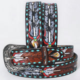 Medium American Darling Feather Hand Carved Men and Women Genuine American Leather Belt Brown Gorgeous Hand Tooled - Uhorse