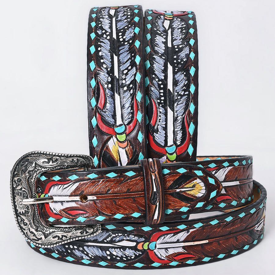 Large American Darling Feather Hand Carved Men and Women Genuine American Leather Belt Brown Gorgeous Hand Tooled - Uhorse