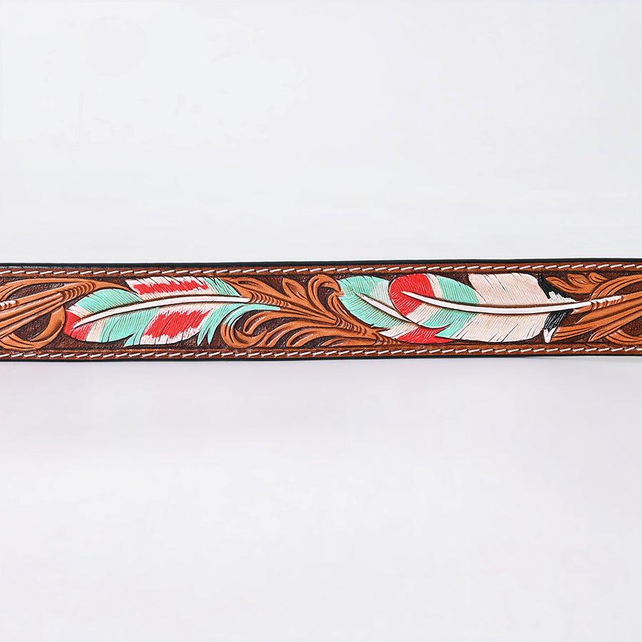 American Darling Floral Hand Carved Painted Belt Buckle Genuine Leather Covered Stylish Brown | Western