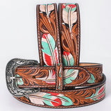 Large American Darling Feather Hand Carved Men and Women Genuine American Leather Belt Brown Gorgeous Hand Tooled - Uhorse