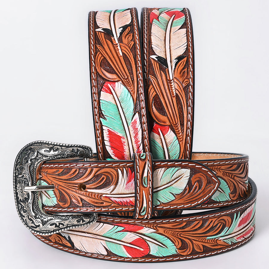 Large American Darling Feather Hand Carved Men and Women Genuine American Leather Belt Brown Gorgeous Hand Tooled - Uhorse