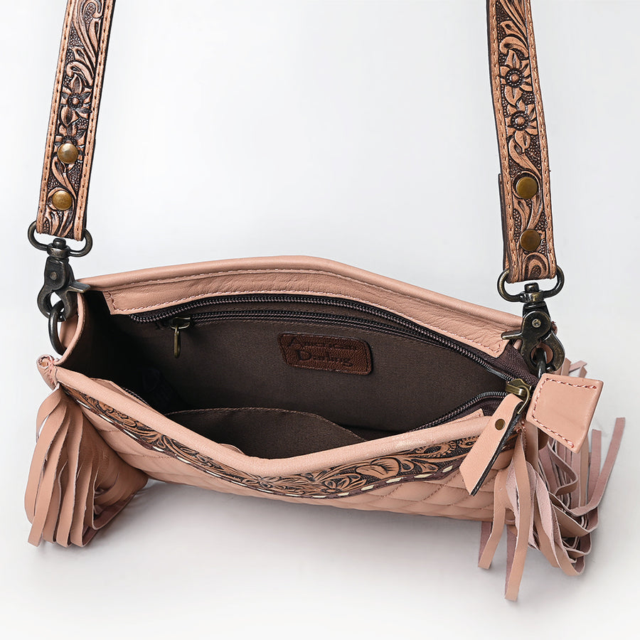 American Darling Black Genuine Leather Crossbody Bag with Hand-Tooled Panel, Fringe Accents, Durable Strap & YKK Zipper