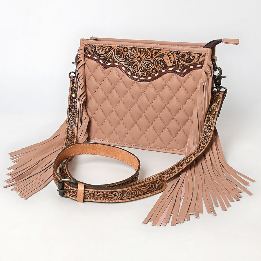 American Darling Quilted Genuine Leather Crossbody Bag with Hand-Tooled Details and Fringes - Uhorse