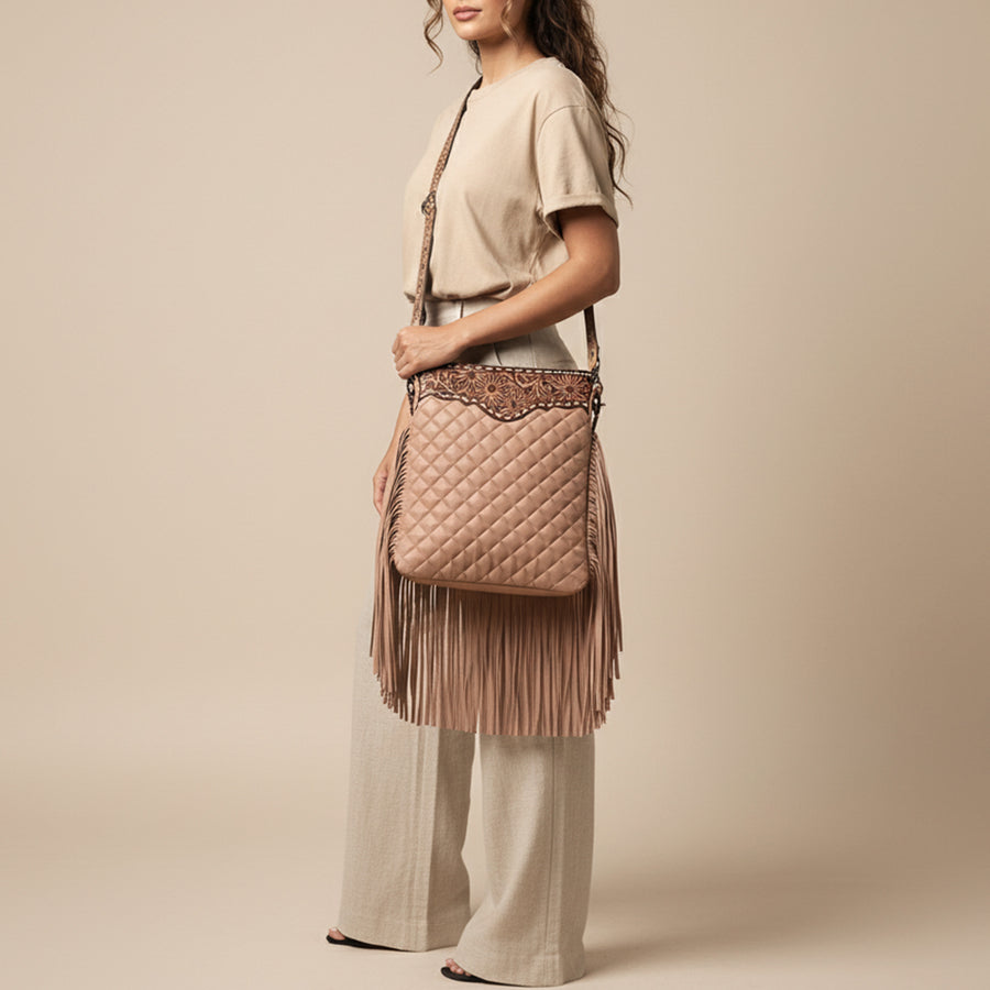 American Darling Large Western Cross Body Bag Handcrafted from Quilted & Hand-Tooled Genuine Leather | Full Fringe, Buckstitch & YKK Zipper