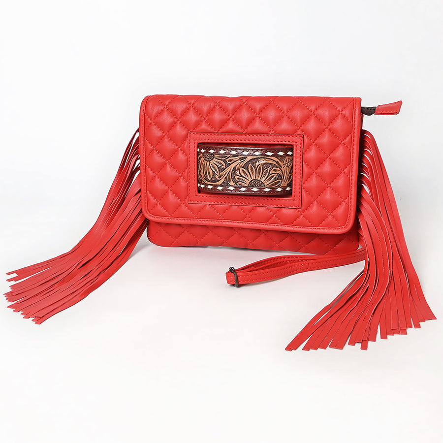 American Darling Quilted Genuine Leather Wallet Bag with Fringe and Hand-Tooled Panel - Uhorse