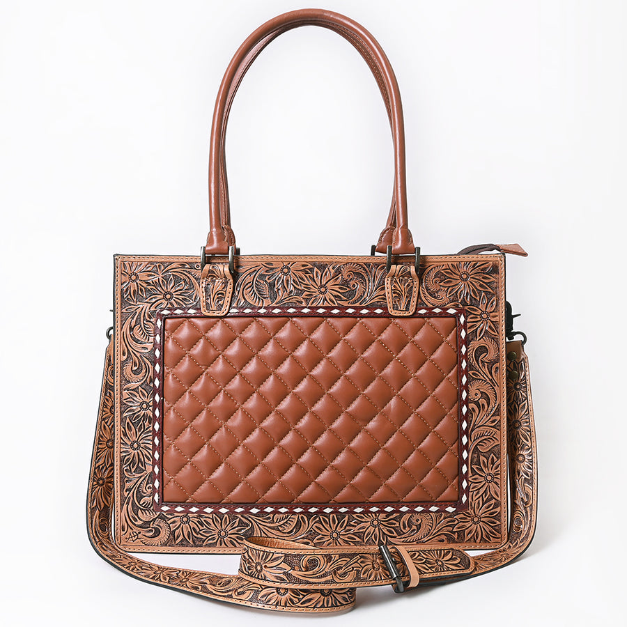 American Darling Genuine Leather Hand-Tooled Floral Quilted Tote Bag Shoulder Purse with YKK Zipper - 12in X 16in