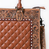 American Darling Genuine Leather Hand-Tooled Floral Quilted Tote Bag Shoulder Purse with YKK Zipper - 12in X 16in