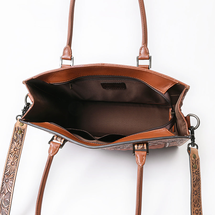 American Darling Genuine Leather Hand-Tooled Floral Quilted Tote Bag Shoulder Purse with YKK Zipper - 12in X 16in