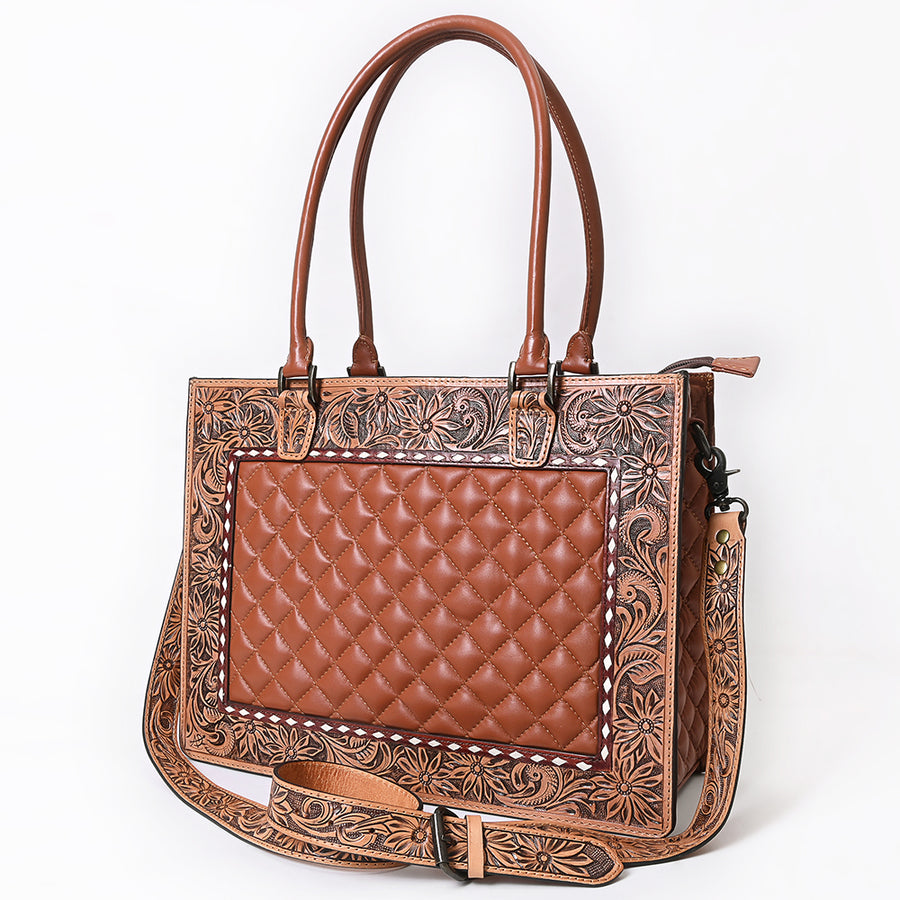 American Darling Hand-Tooled Floral Western Leather Tote Bag - Quilted Shoulder Purse - Uhorse