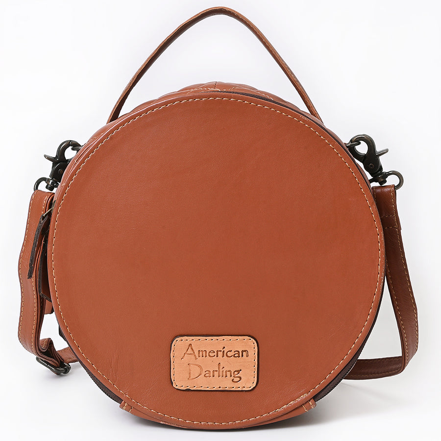 American Darling Black Western Round Canteen Bag Handcrafted from Quilted & Hand-Tooled Genuine Leather | Floral Carved Frame, Buckstitch & YKK Zipper