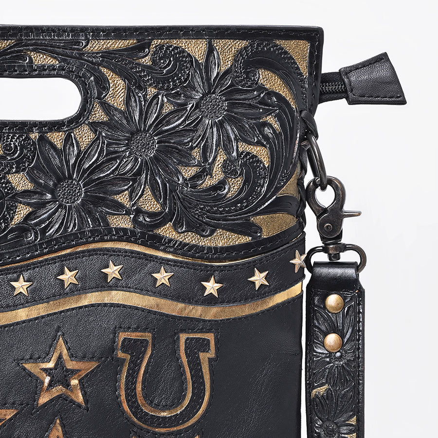 American Darling Clutch Bag, Hand-Tooled Floral Carved Western Genuine Leather Crossbody Purse with YKK Zipper for Women