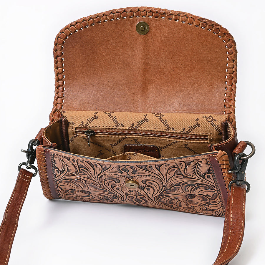 American Darling Small Cross body Bag, Hand Tooled Floral Carved Vegetable-Tanned Genuine Leather Western Purse with YKK Zipper