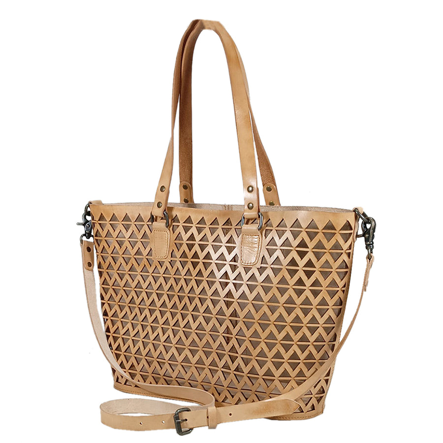 Tan leather tote bag with geometric cutout pattern - Uhorse