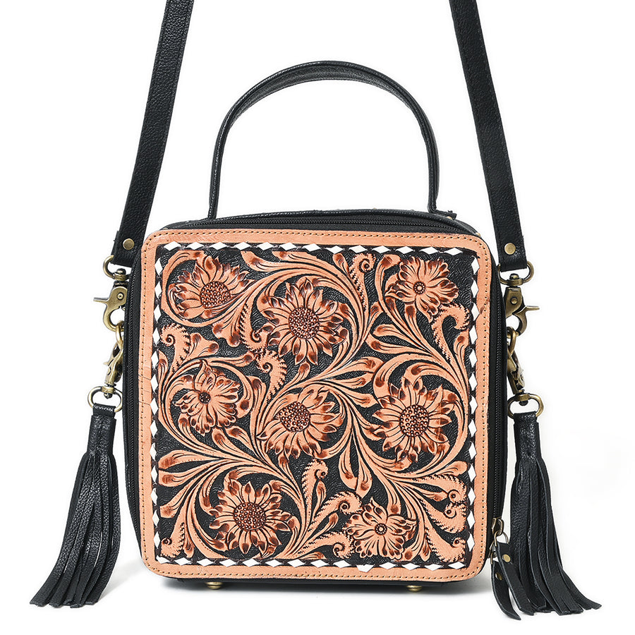 American Darling Large Cross body Bag Hand Tooled Floral Leather Western Purse with Fringes and Buck Stitched Trim