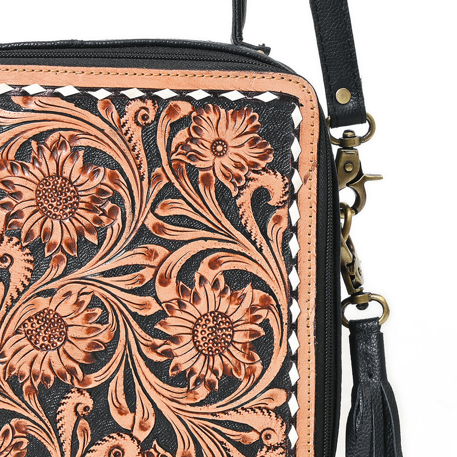 American Darling Large Cross body Bag Hand Tooled Floral Leather Western Purse with Fringes and Buck Stitched Trim