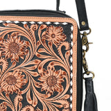 American Darling Large Cross body Bag Hand Tooled Floral Leather Western Purse with Fringes and Buck Stitched Trim