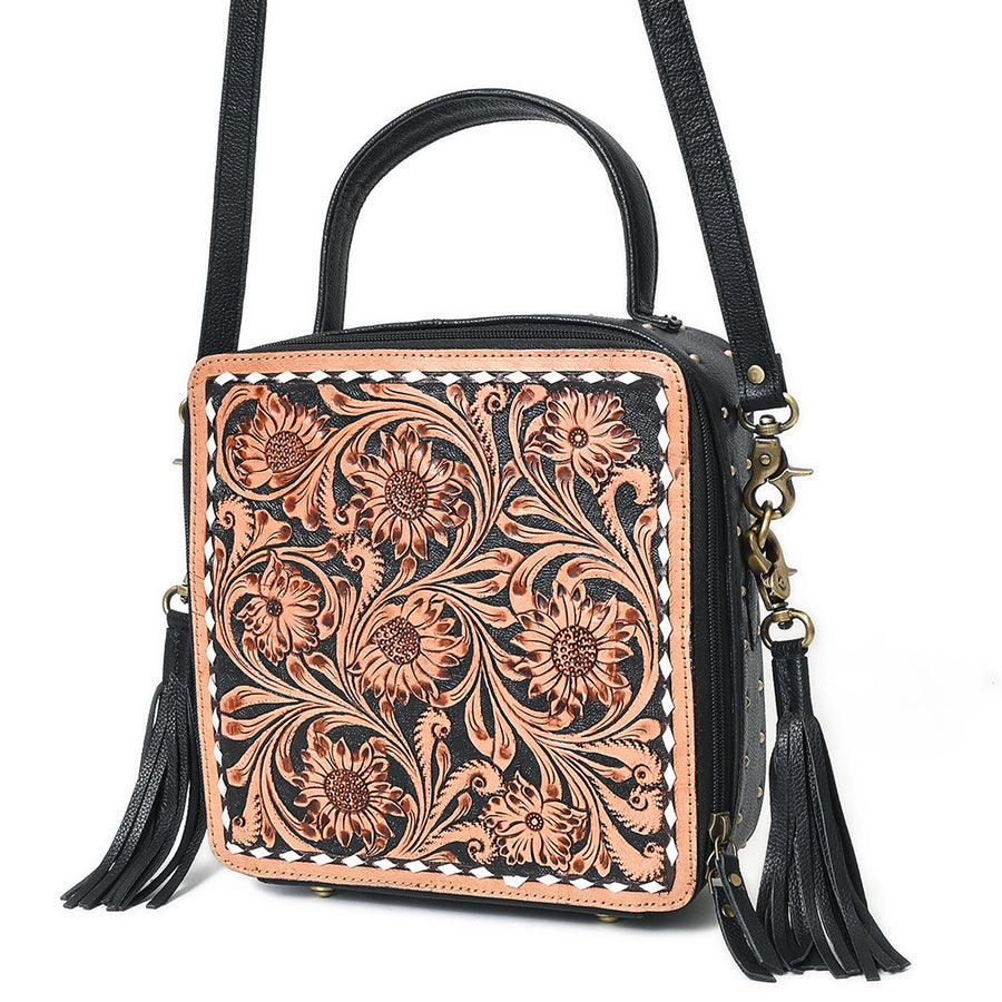 American Darling Hand Tooled Floral Large Cross body Bag with Fringes - Uhorse