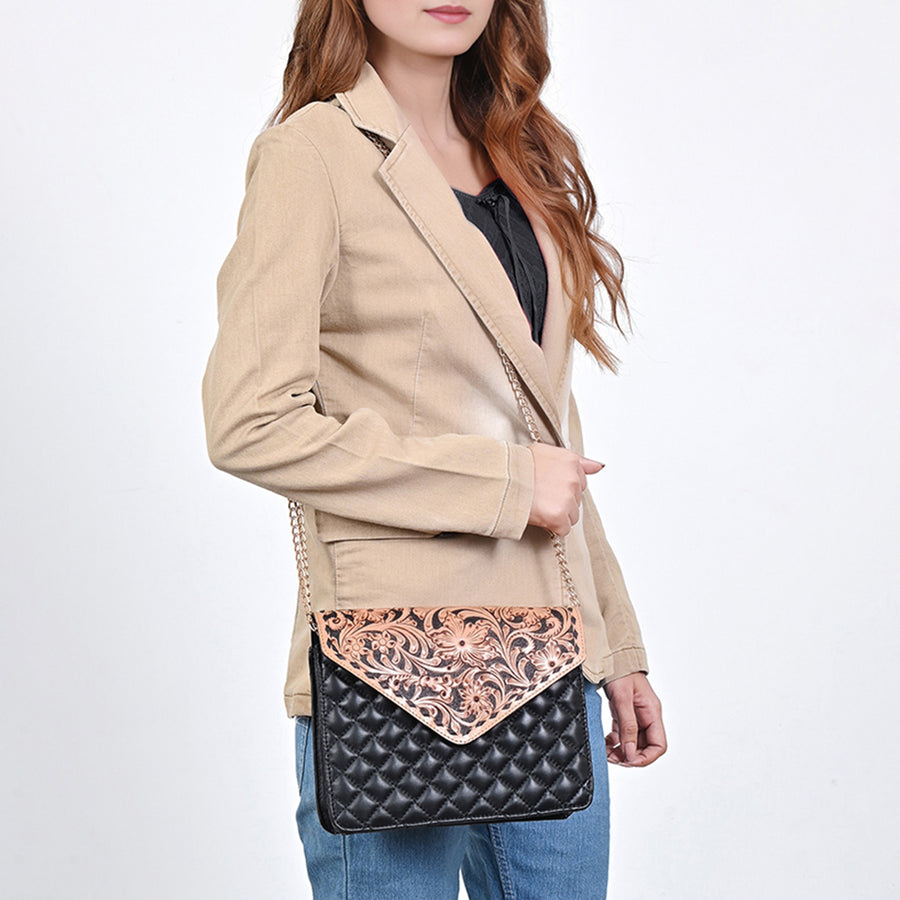 American Darling Quilted Leather Envelope - Hand Tooled Floral Carved Eco-Friendly Vegetable Tanned Full Grain Genuine Leather