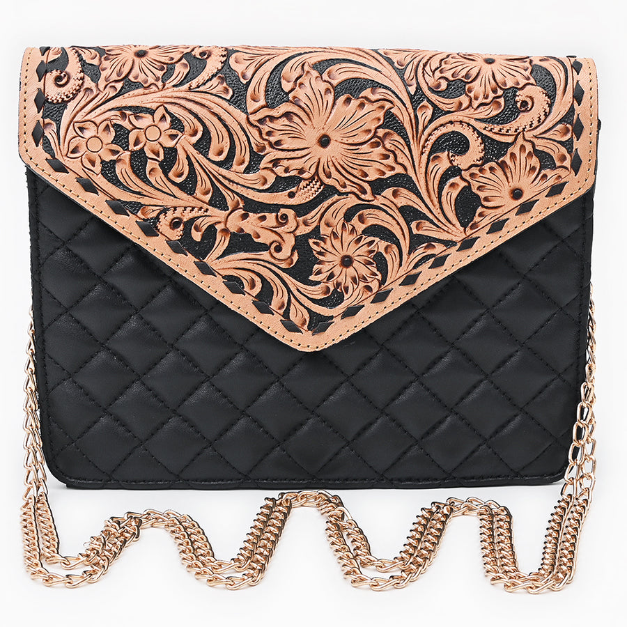 American Darling Quilted Leather Envelope - Hand Tooled Floral Carved Eco-Friendly Vegetable Tanned Full Grain Genuine Leather