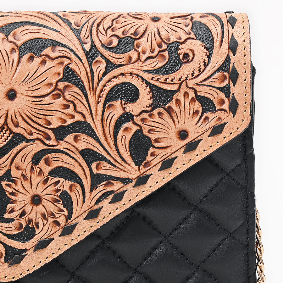 American Darling Quilted Leather Envelope - Hand Tooled Floral Carved Eco-Friendly Vegetable Tanned Full Grain Genuine Leather