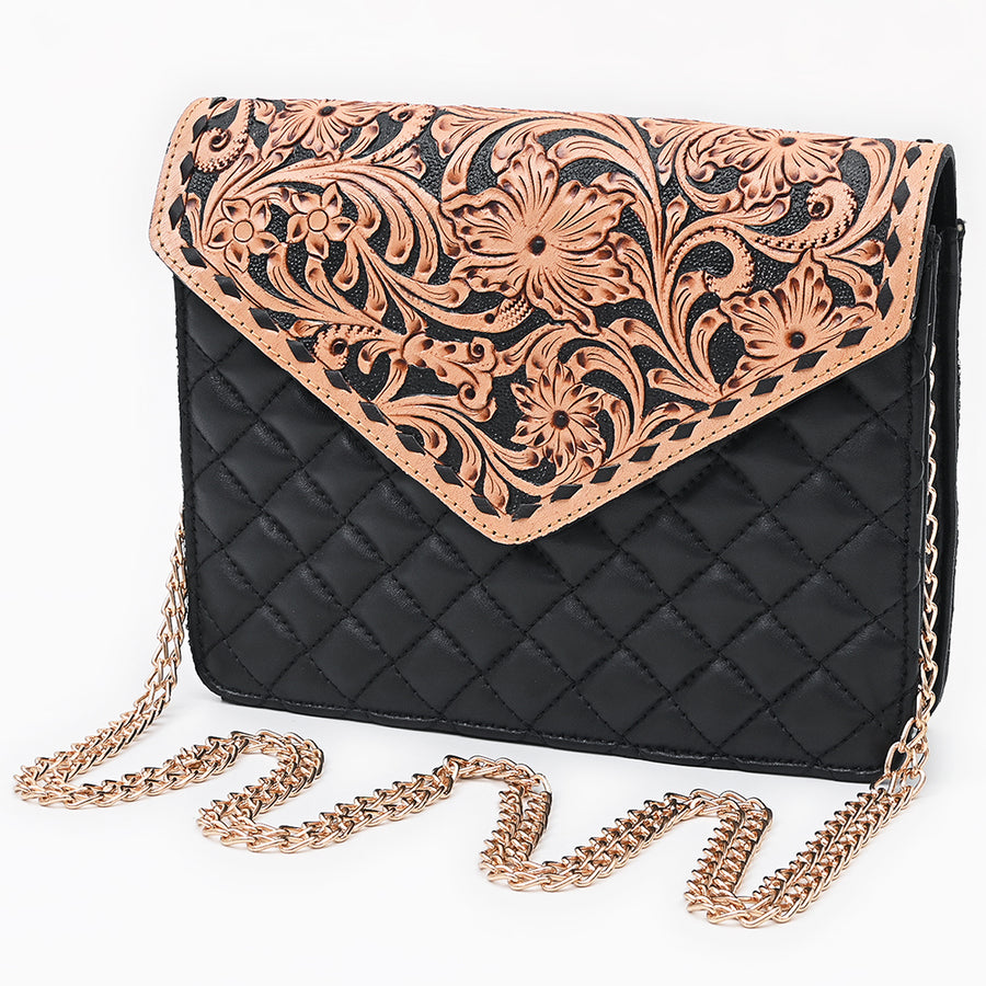 American Darling Floral Carved Hand Tooled Quilted Leather Envelope - Uhorse