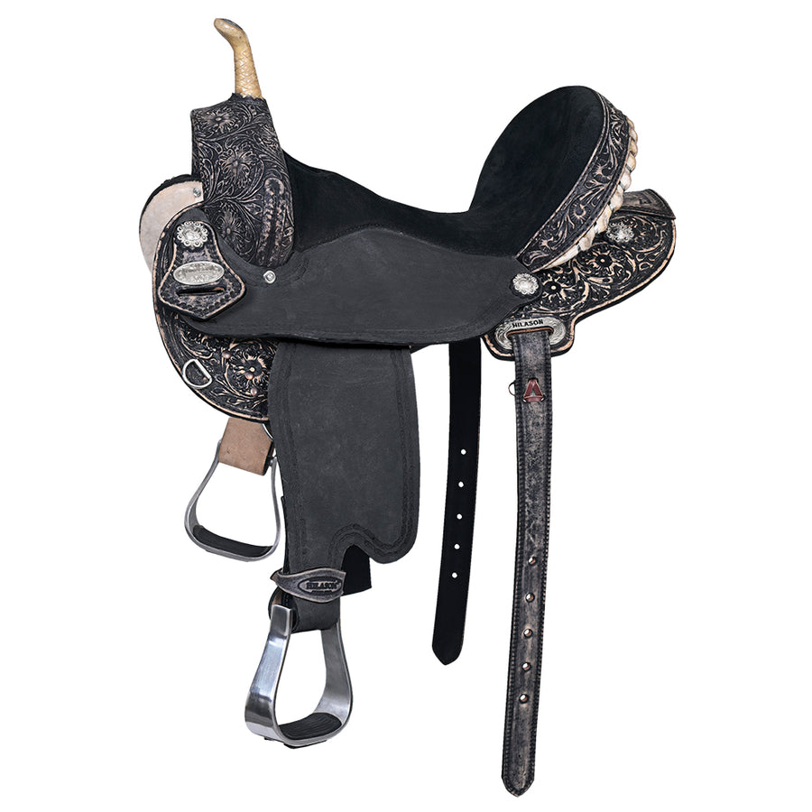 17 In Hilason Western Horse Barrel Flex Tree Trail American Leather Saddle Antique Black Gorgeous Floral Hand - Uhorse