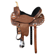 Hilason Flex Tree Western Horse Saddle American Leather Trail Barrel Dark Brown With Floral Hand Carved