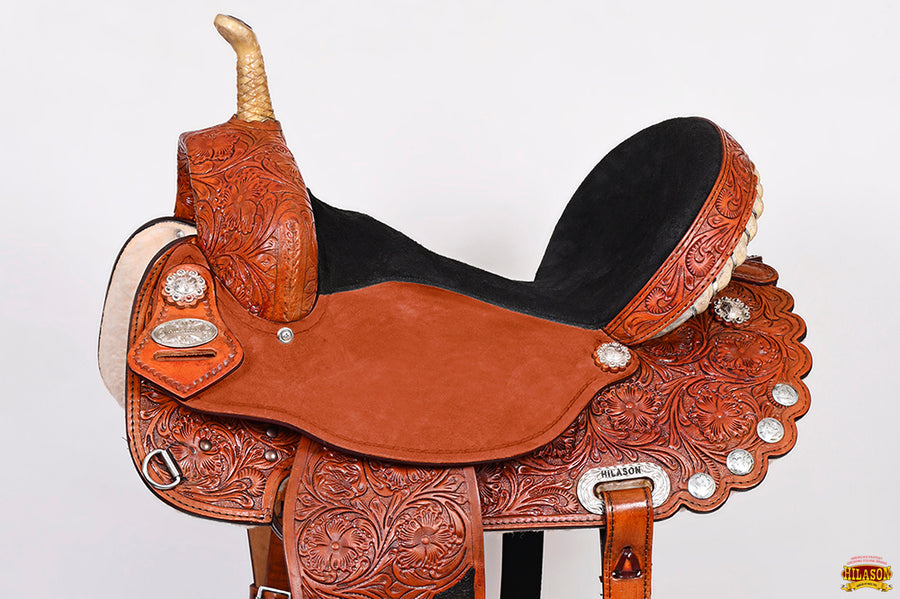 Hilason Western Horse Barrel Flex Tree Trail Saddle American Leather Tan Gorgeous Floral Hand Tooled & Carved