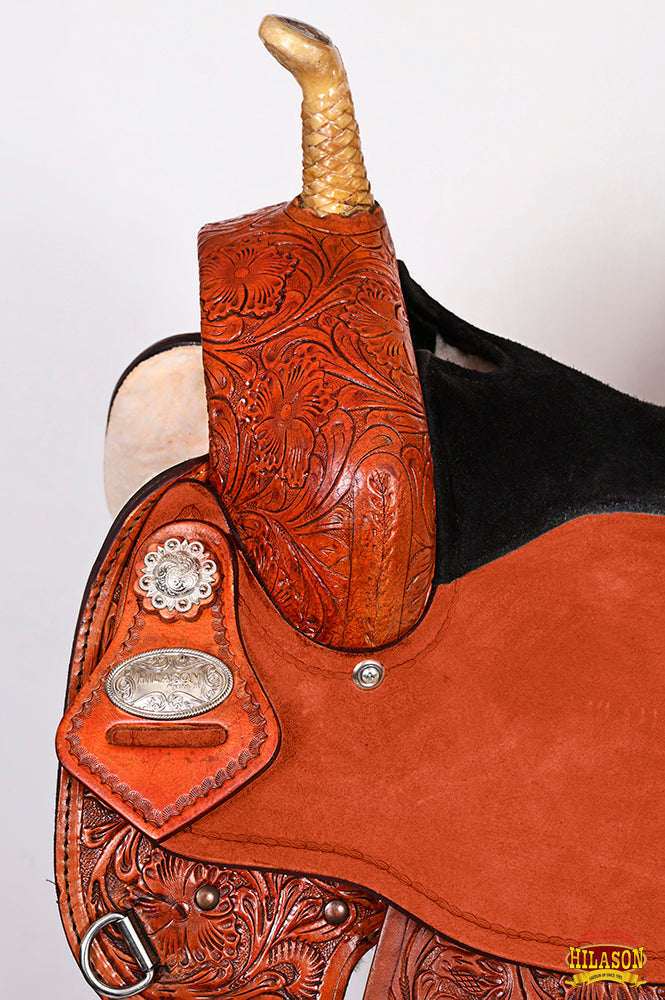 Hilason Western Horse Barrel Flex Tree Trail Saddle American Leather Tan Gorgeous Floral Hand Tooled & Carved