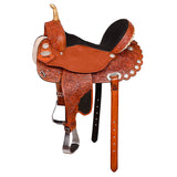 Hilason Western Horse Barrel Flex Tree Trail Saddle American Leather Saddle Tan  Gorgeous Floral Hand Tooled & Carved