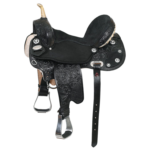 Hilason Flex Tree Western Horse Saddle American Leather Trail Barrel Black With Floral Hand Carved - Uhorse