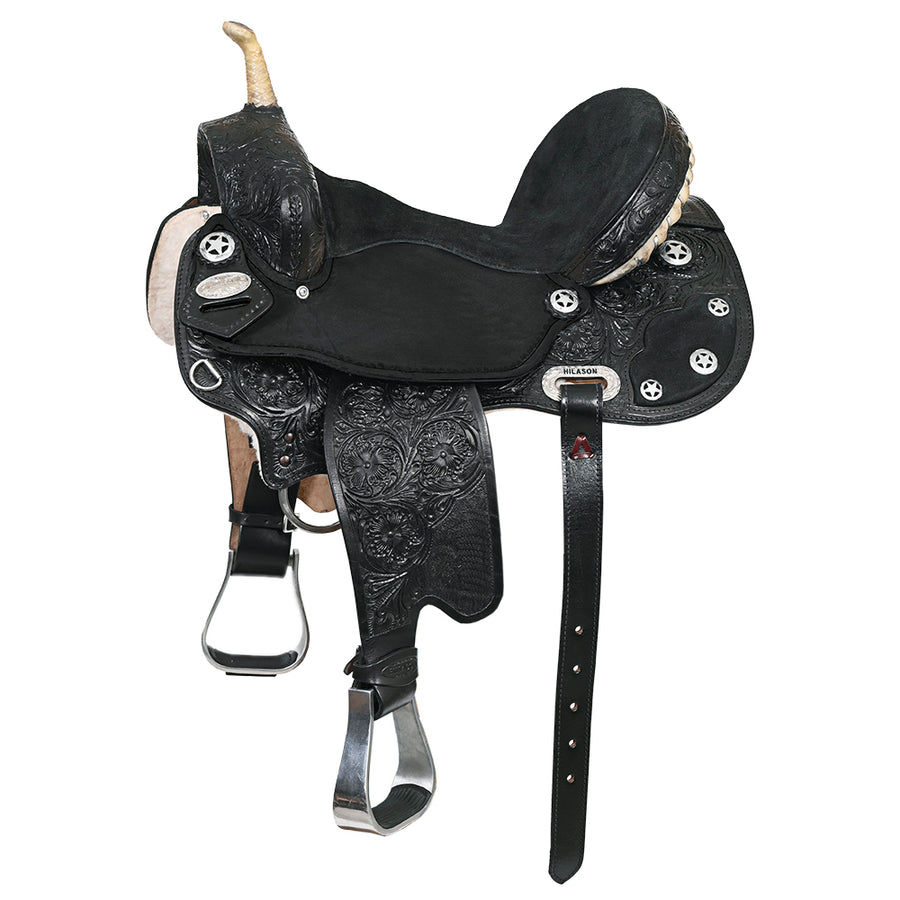 14 In Hilason Flex Tree Western Horse Saddle American Leather Trail Barrel Black With Floral Hand Carved - Uhorse