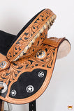 Hilason Flex Tree Western Horse Saddle American Leather Trail Barrel Tan / Black Inlay With Floral Hand Carved