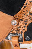 Hilason Flex Tree Western Horse Saddle American Leather Trail Barrel Tan / Black Inlay With Floral Hand Carved