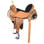 Hilason Flex Tree Western Horse Saddle American Leather Trail Barrel Tan / Black Inlay With Floral Hand Carved