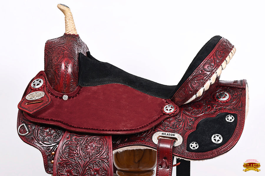 Hilason Western Horse Barrel Flex Tree Trail American Leather Saddle Mahogany Gorgeous Floral Hand Tooled & Carved