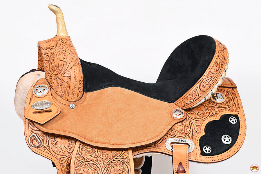 Hilason Flex Tree Western Horse Saddle American Leather Trail Barrel Oiled Tan With Floral Hand Carved