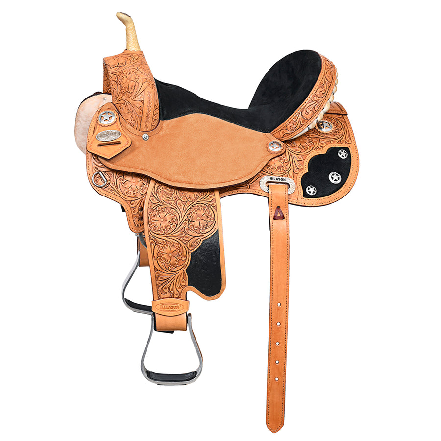 17 In Hilason Flex Tree Western Horse Saddle American Leather Trail Barrel Oiled Tan With Floral Hand Carved - Uhorse