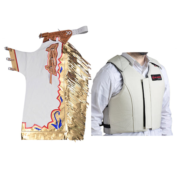 HILASON Western Horse Bull Riding Safety Leather Protective Vest and Rodeo Chaps Combo - Hilason
