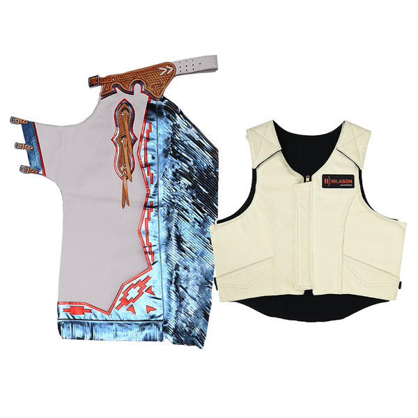 HILASON Western Horse Bull Riding Safety Leather Protective Vest and Rodeo Chaps Combo - Hilason