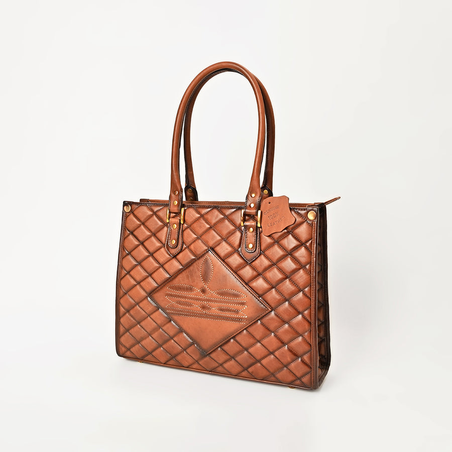 American Darling Handcrafted Quilted Leather Tote Bag with Boot Stitched Accents - Uhorse