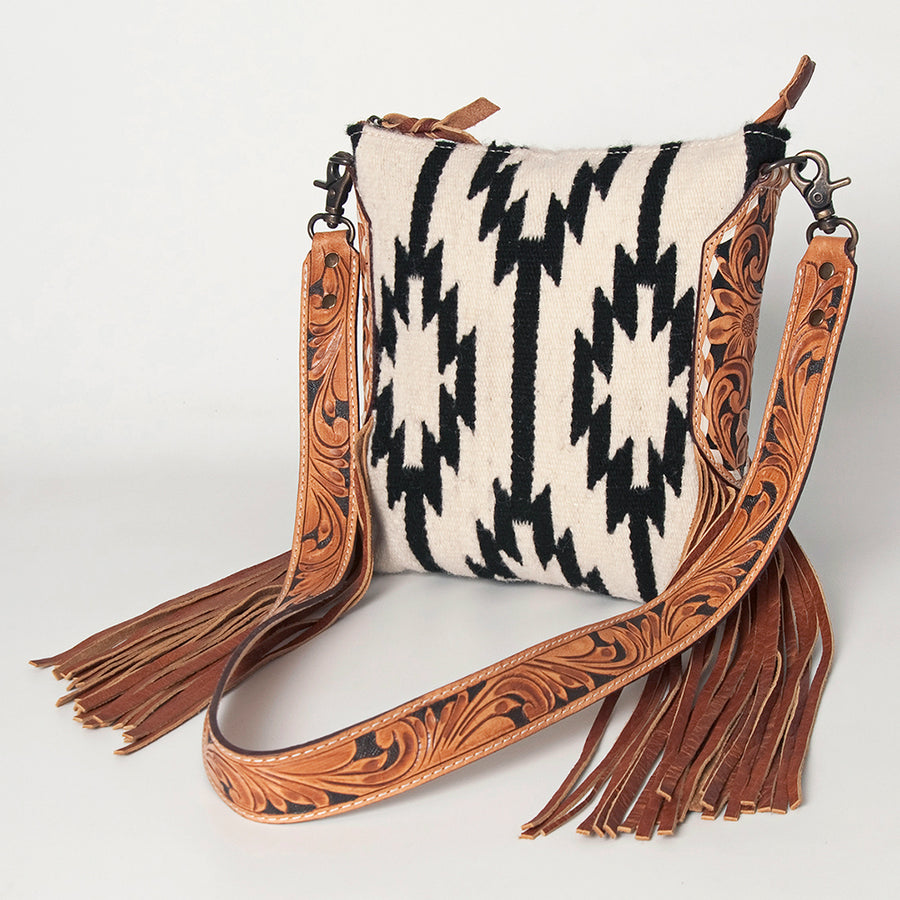 American Darling Large Cross body Bag, Hand-Woven Saddle Blanket & Hand Tooled Leather with Fringes, Western Handcrafted Purse