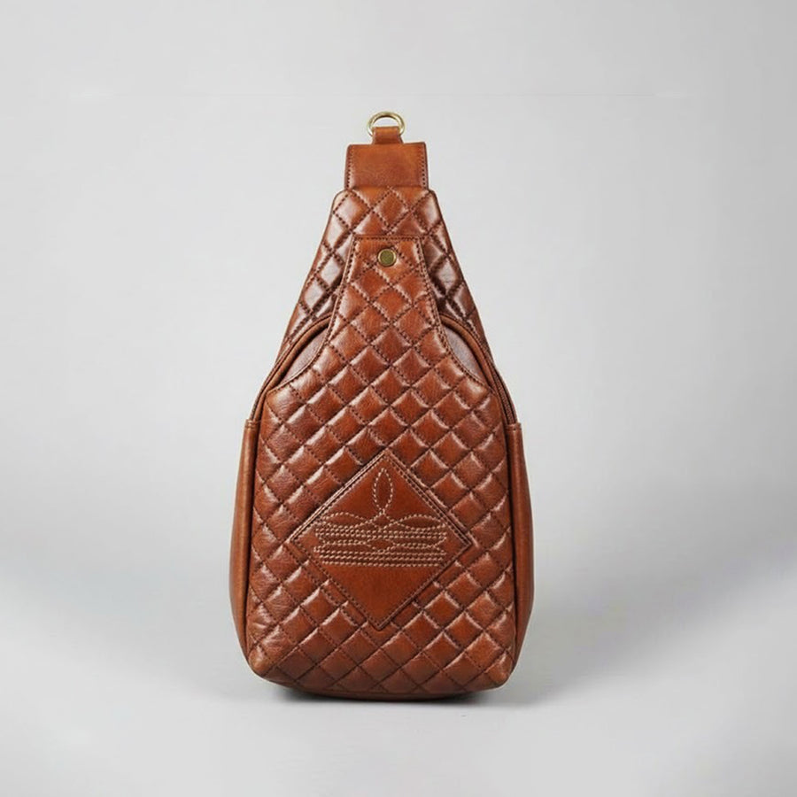 Brown leather quilted sling bag with diamond stitching - Uhorse